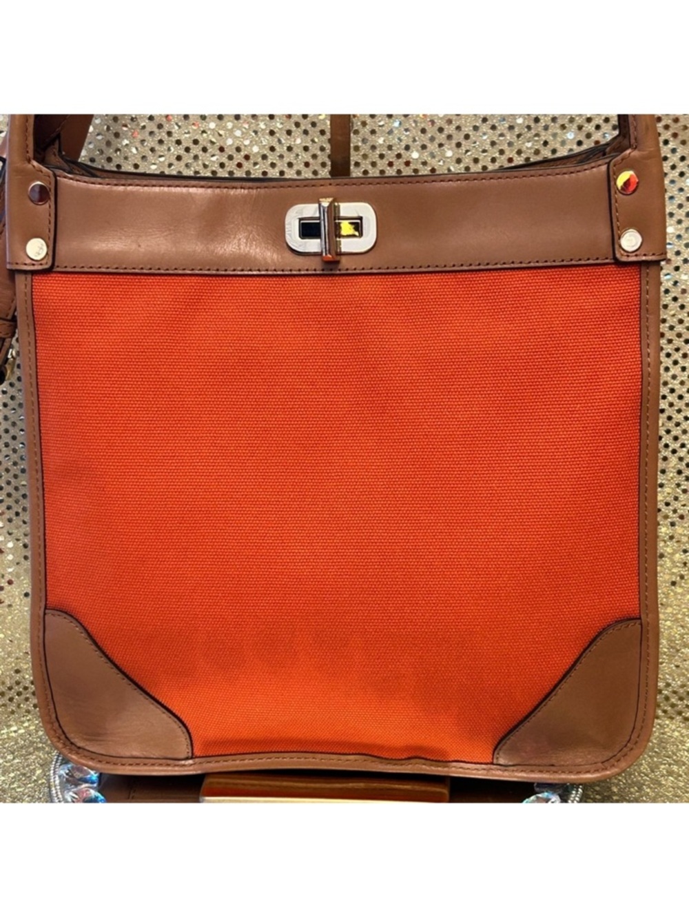 Michael Kors Orange Canvas and Brown Leather Shoulder Bag